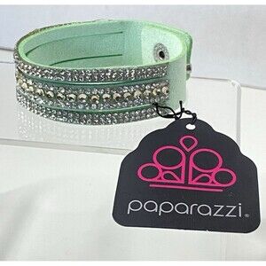 Paparazzi Harlem Heights Mint Green White Rhinestone Faux Suede Wrap Bracelet